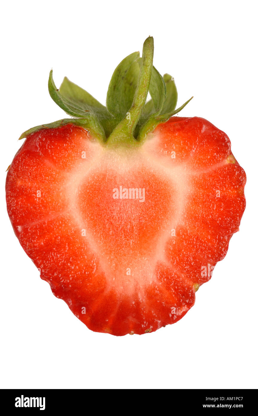 Longitudinal section through a strawberry fruit on white background Stock Photo
