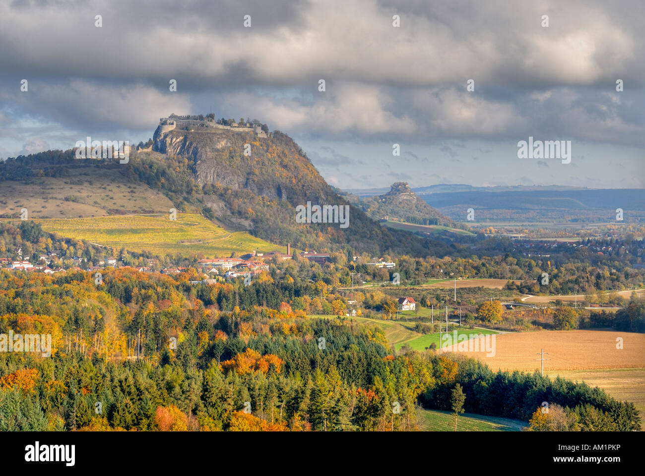 The landmarks in the hegau area: Hohentwiel and Hohenkraehen - Baden-Wuerttemberg, Germany, Europe. Stock Photo
