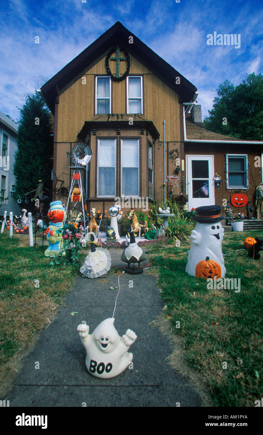 Halloween Decorations on Front Lawn of House Savanna Illinois Stock Photo