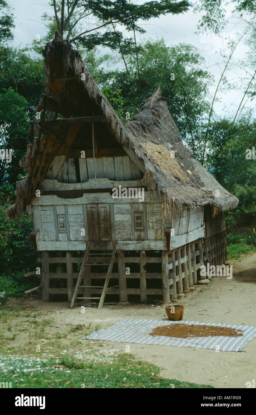 INDONESIA Southeast Asia Sumatra near Lake Toba Traditional Batak house with grain drying on mats outside. Stock Photo