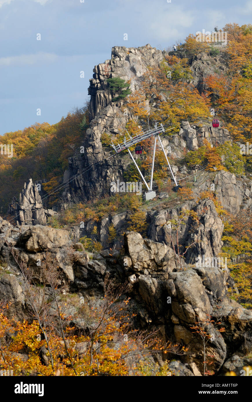 Autumnal landscape, Rosstrappe granite rock and gondola lift, Thale, Saxony-Anhalt, Germany Stock Photo