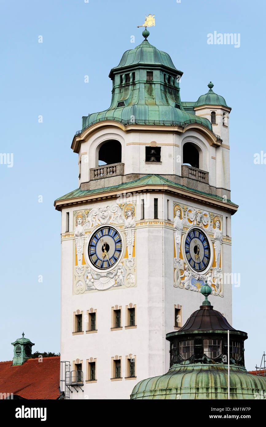 Tower of Muellersches Volksbad, Isar river, Munich, Bavaria, Germany Stock Photo