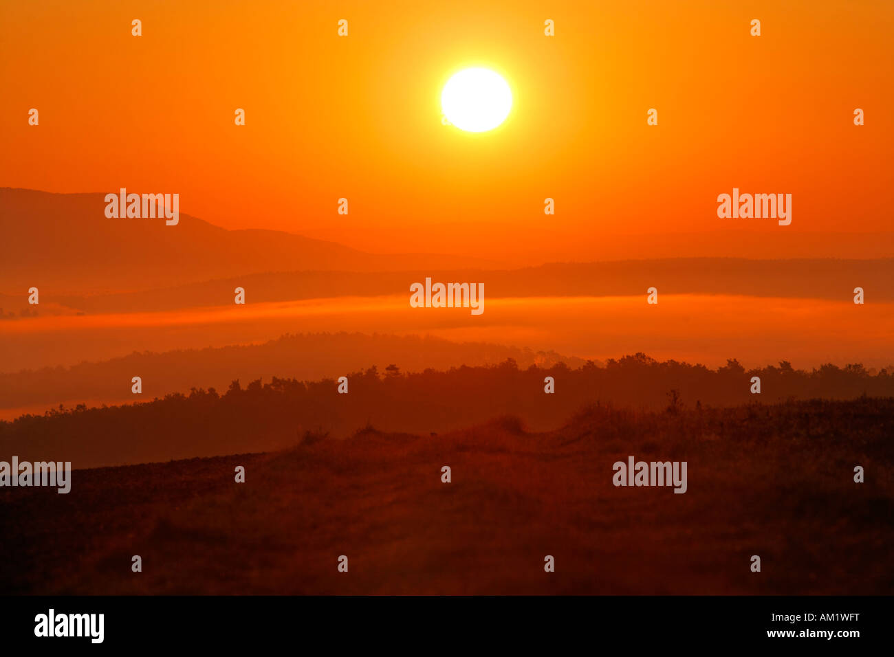 Sunrise, Rhoen-Grabfeld, Franconia, Bavaria, Germany Stock Photo