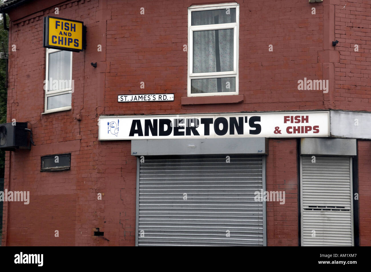 andertons chippy business fish and chip shop traditional heritage culture food takeaway terrace demolition site horizontal salfo Stock Photo