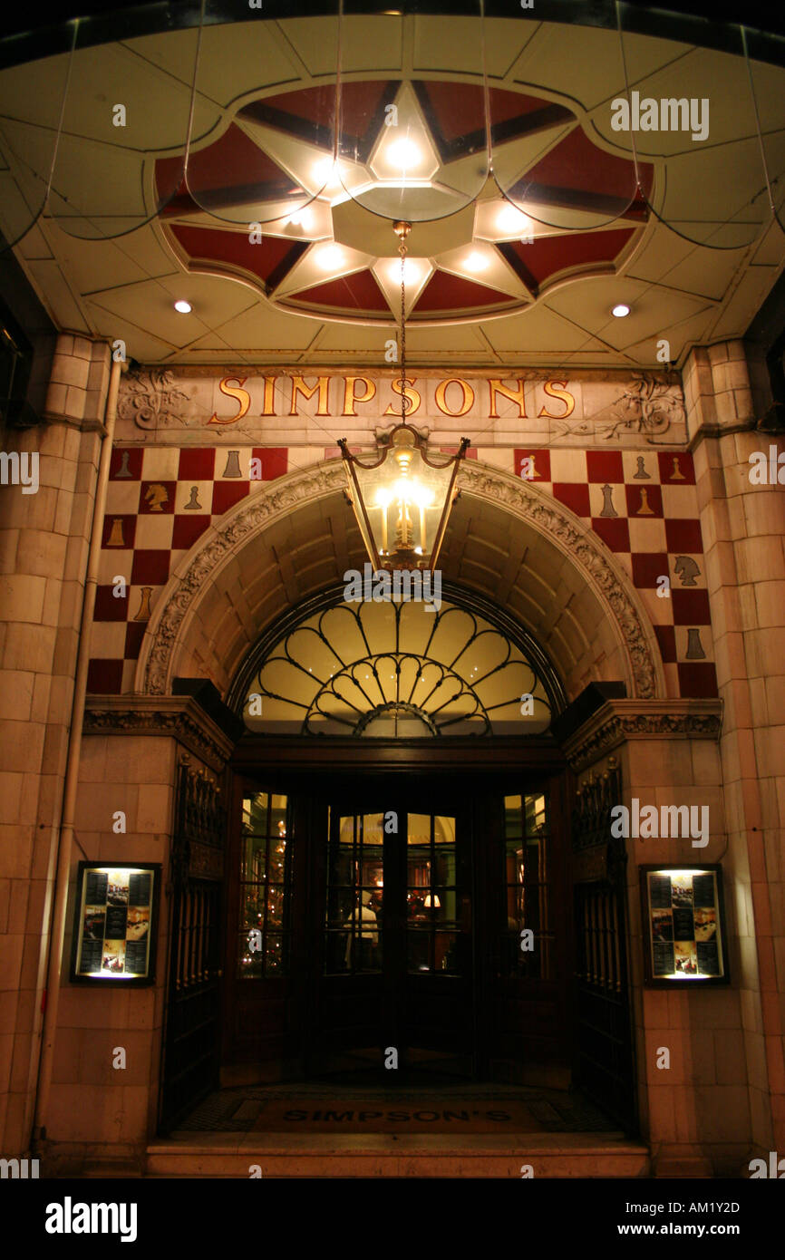 Simpsons on the Strand exterior at night london Stock Photo
