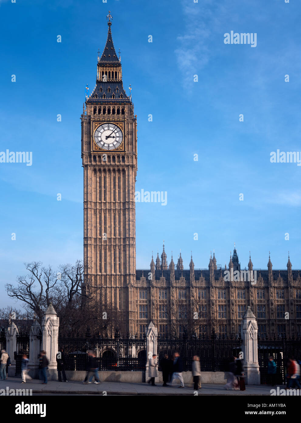 Big Ben with tourists west elevation facade Stock Photo