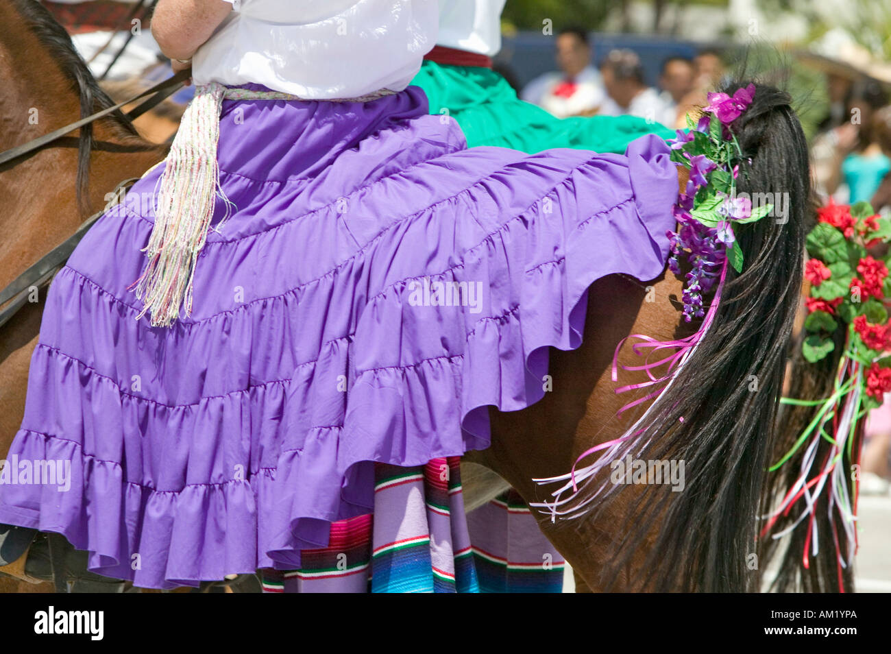 Woman with Spanish purple dress riding horse during opening day parade down State Street Santa Barbara CA Old Spanish Days Stock Photo
