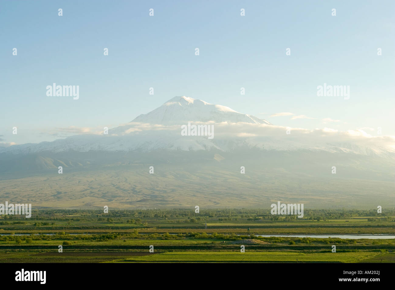 ARMENIA Ararat Plain Mount Ararat tower over agricultural fields in