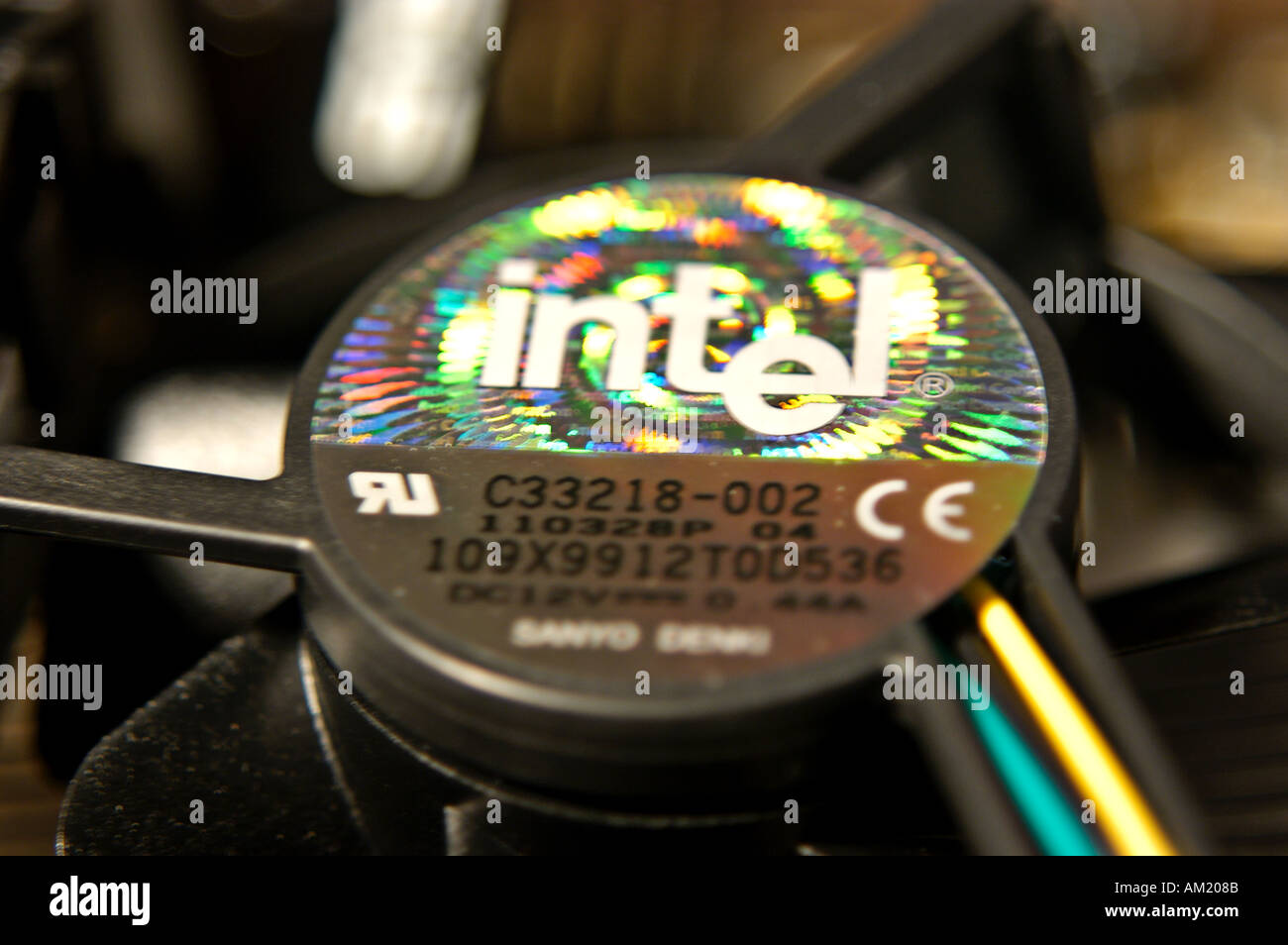 Topview of the Intel Logo ontop of a CPU Cooler Stock Photo