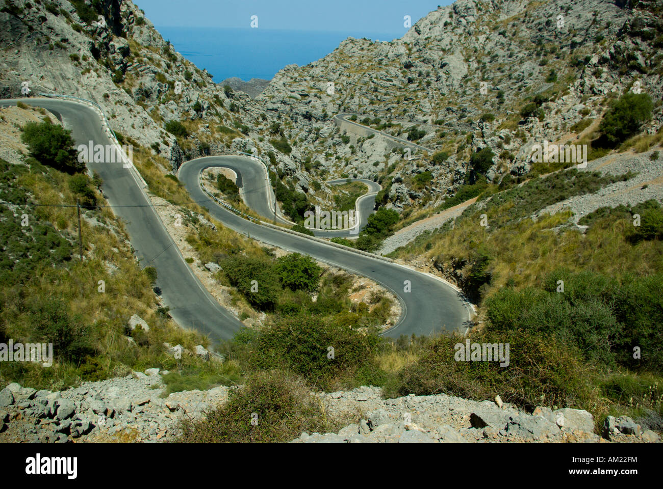 Road serpentines in Serra de Tramuntana mountains north coast of Mallorca island Spain Stock Photo