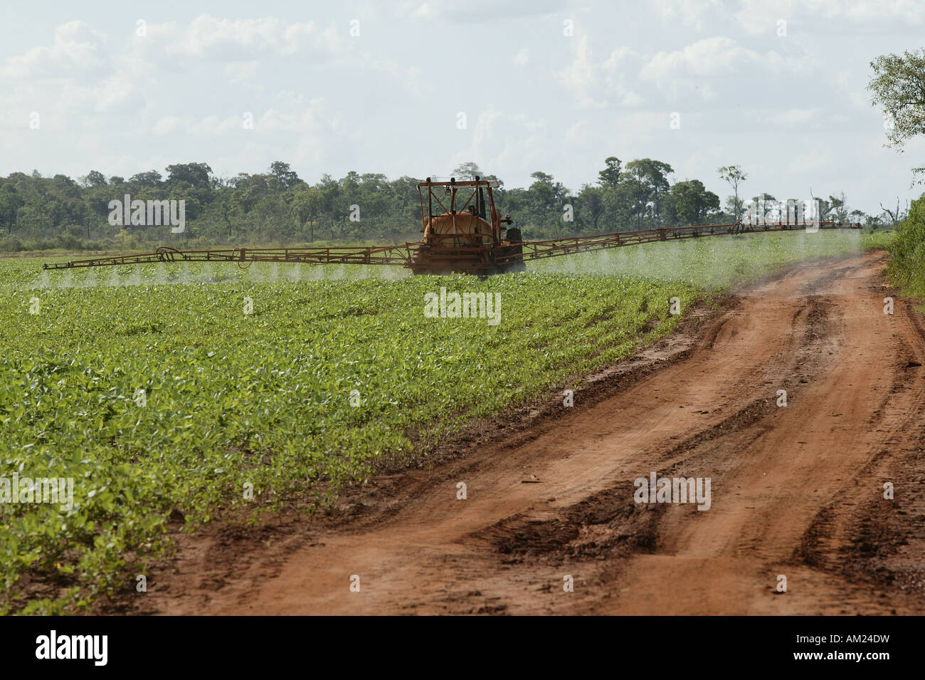 Spraying pesticides on a soy field, altered, Paraguay