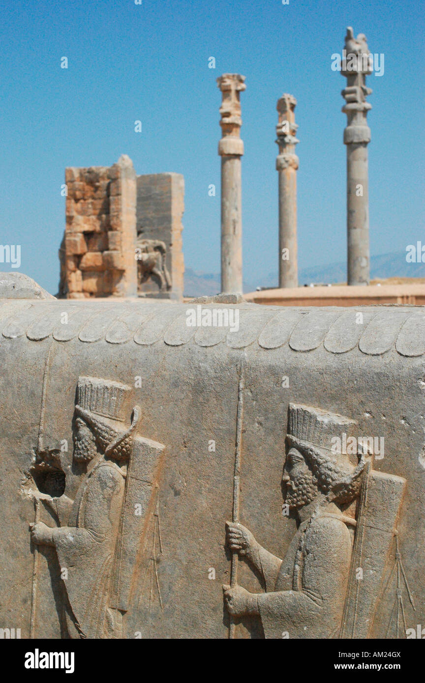 Warriors reliefs in front of the Gate of Xerxes PERSEPOLIS Iran Stock Photo