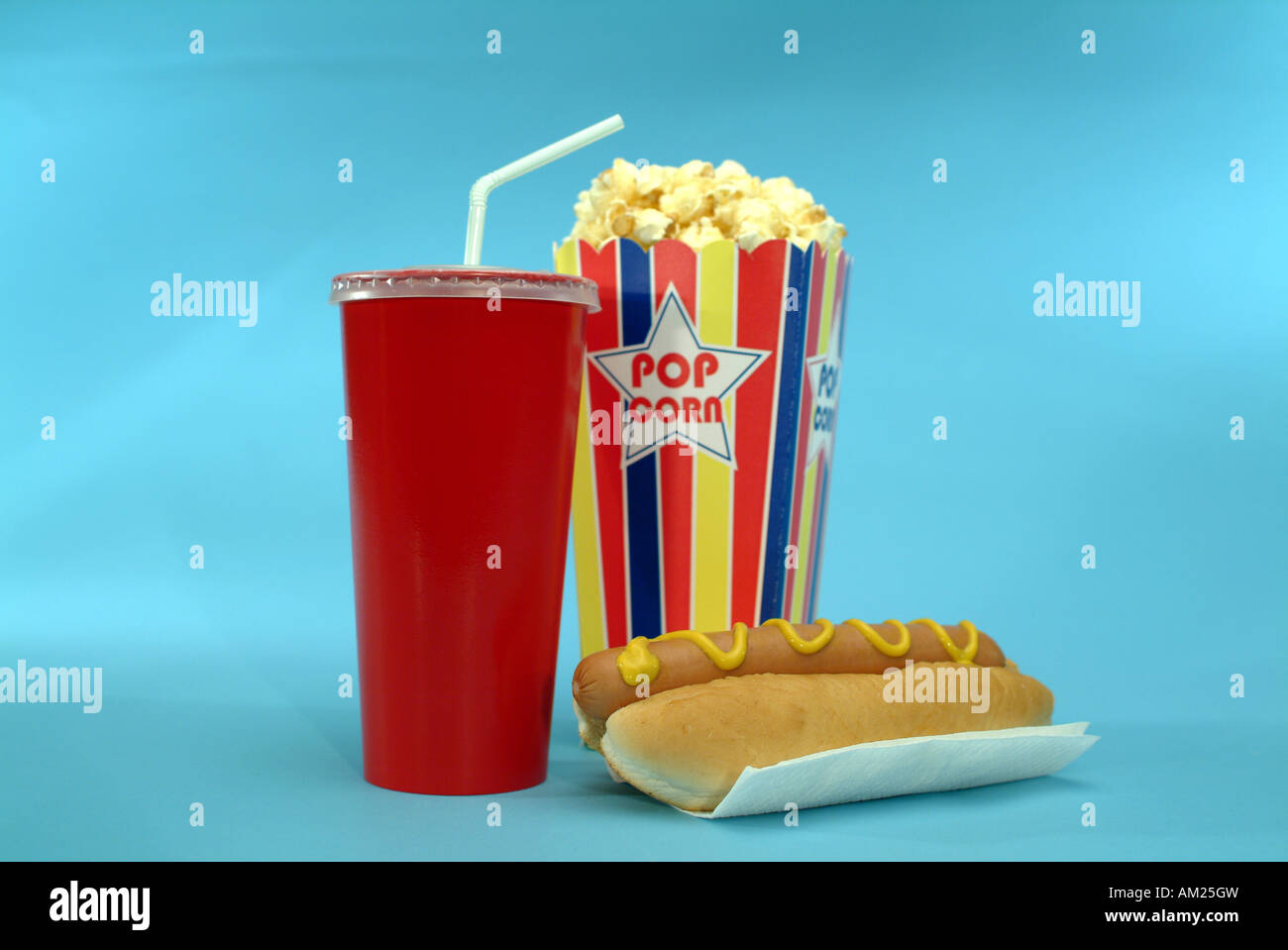 soft drink popcorn and hot dog on a blue background Stock Photo Alamy