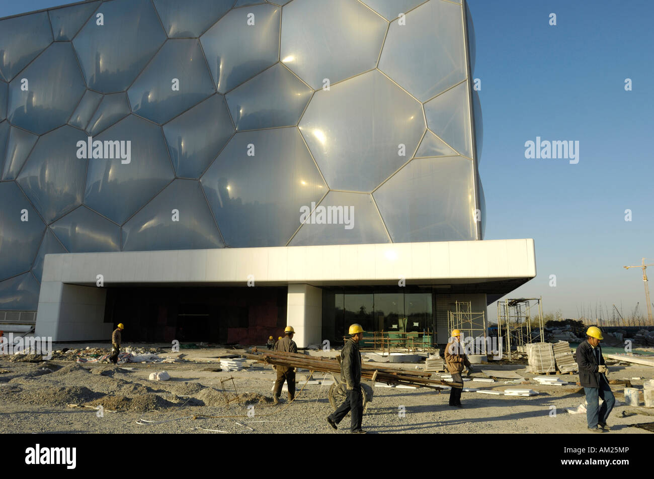 Workers work at construction site of the National Swimming Center for the Beijing 2008 Olympic Games 29 Nov 2007 Stock Photo