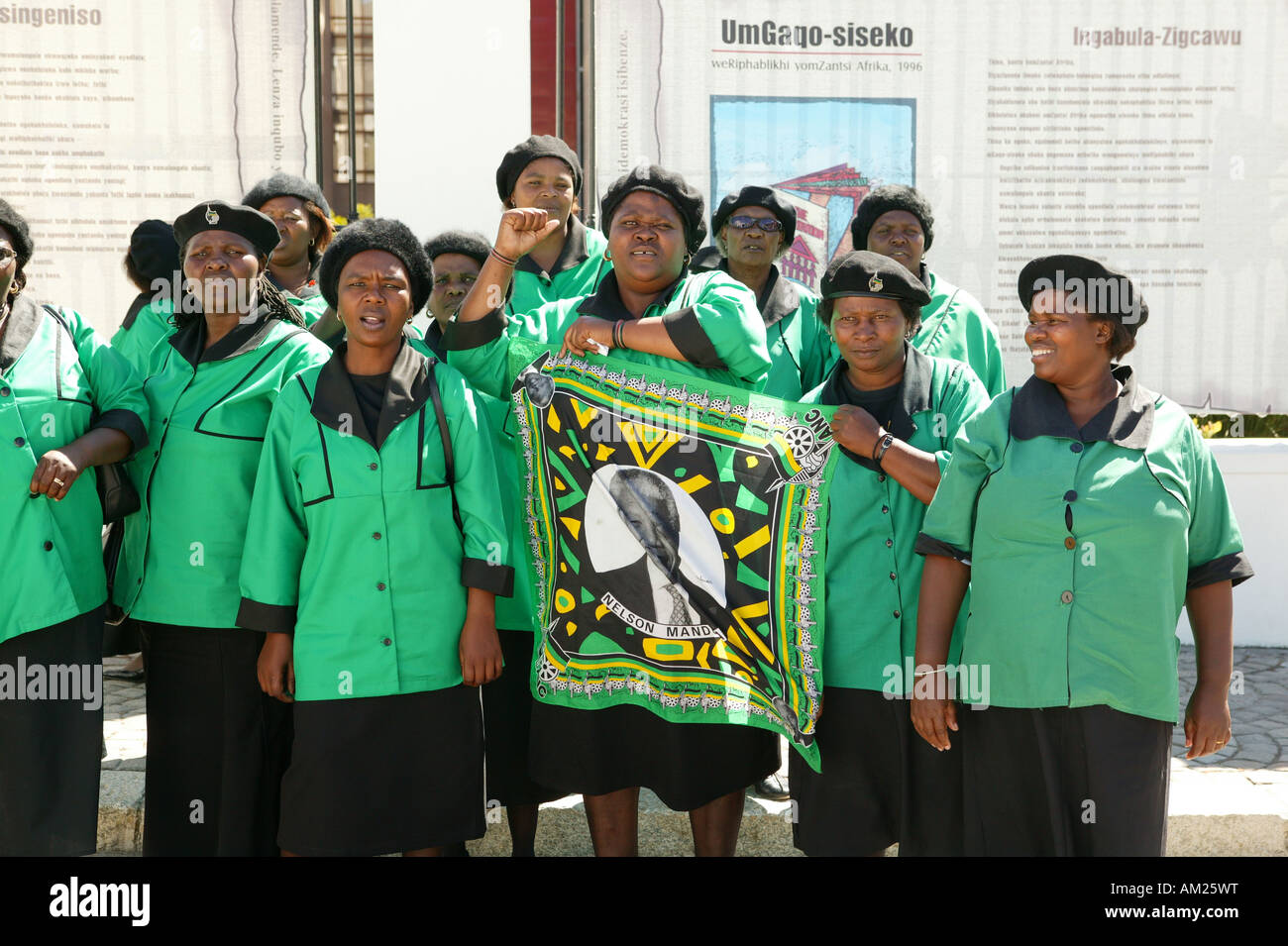 ANC Women´s League in front of the government building in Cape Town, holding a Nelson Mandela flag, Cape Town, South Africa Stock Photo