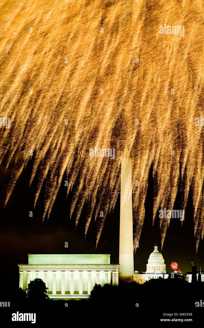 Fourth of July celebration with fireworks exploding over the Lincoln
