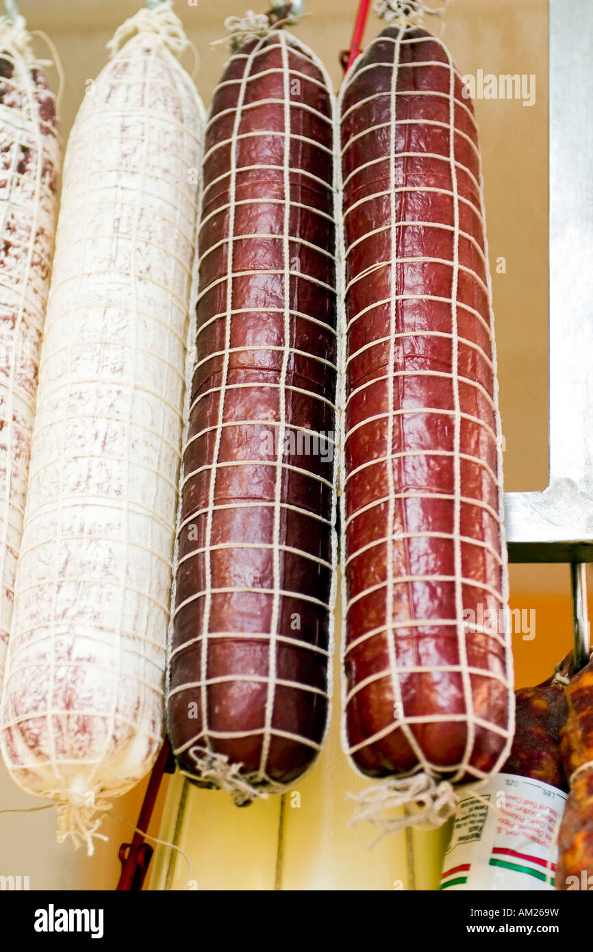 Hanging Italian salami Stock Photo