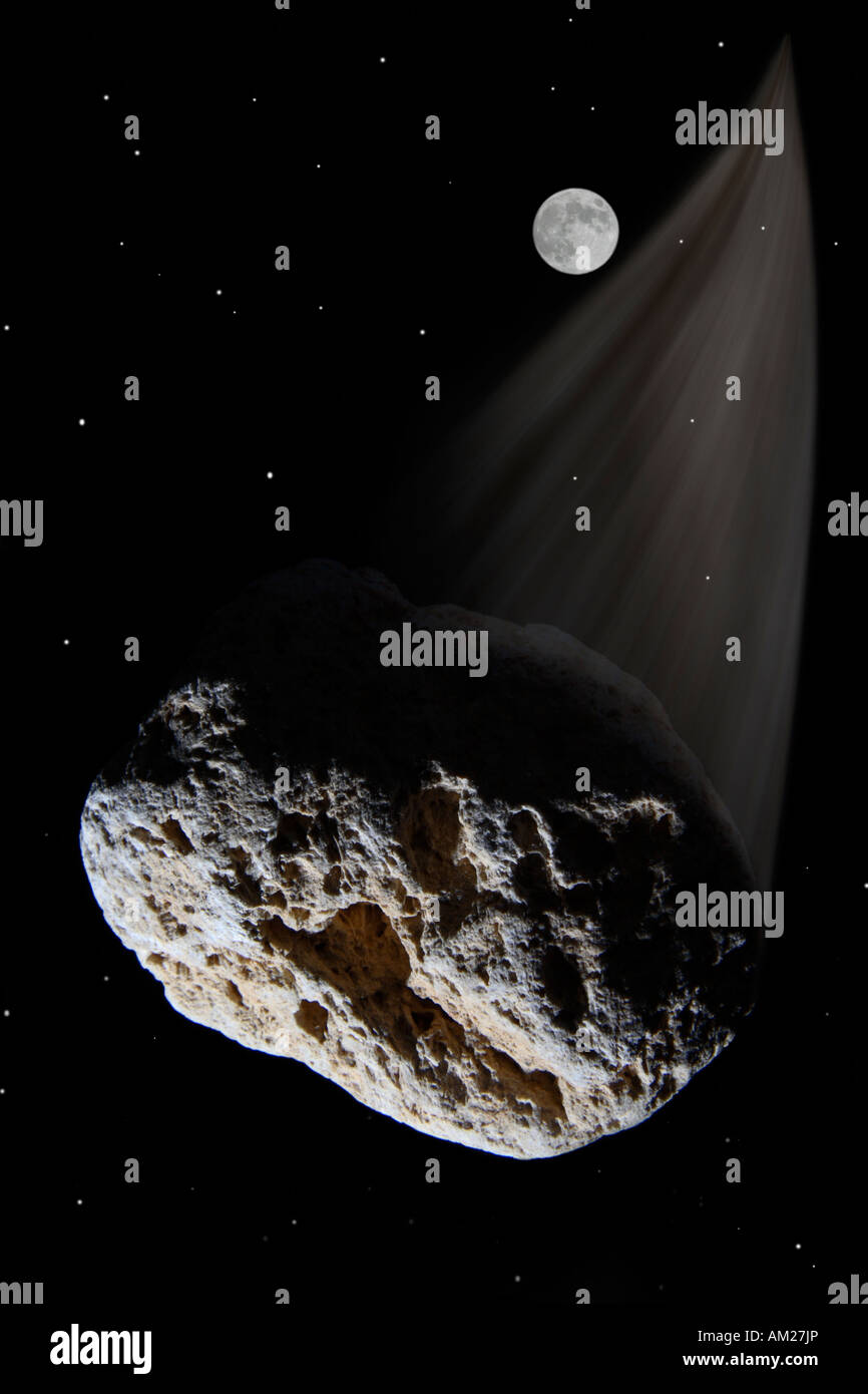 An asteroid zooms past the moon. Stock Photo