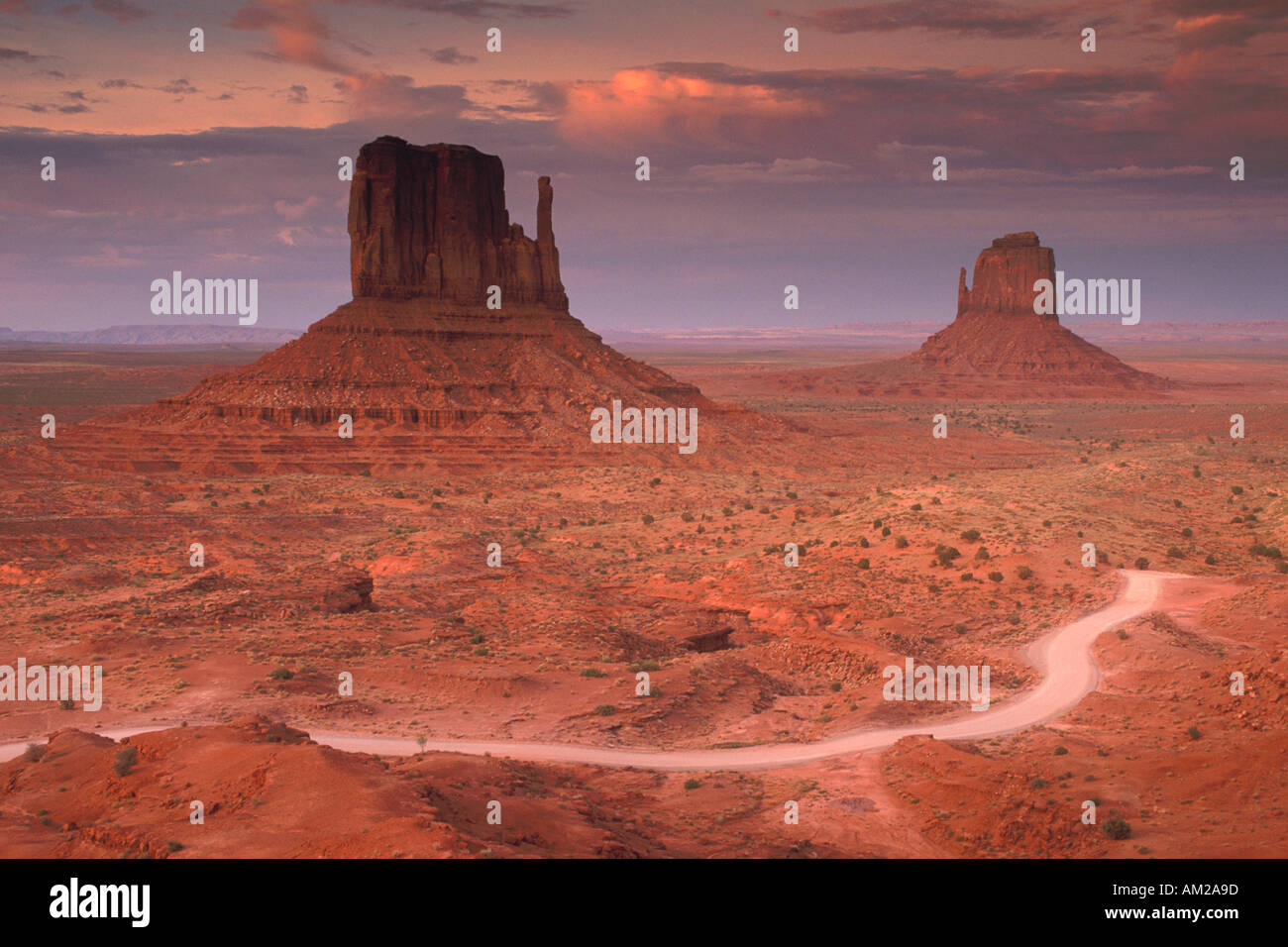 Dirt Road Red clouds sky and open flat desert at sunset Mitten Buttes