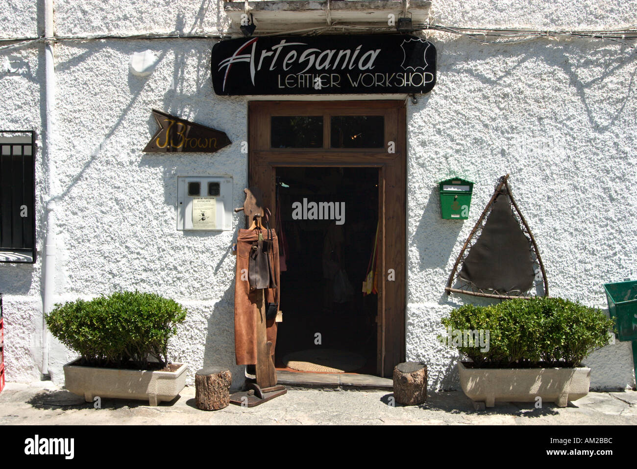 Leather workshop in the mountain village of Capileira, Las Alpujarras, Andalucia, Spain Stock Photo