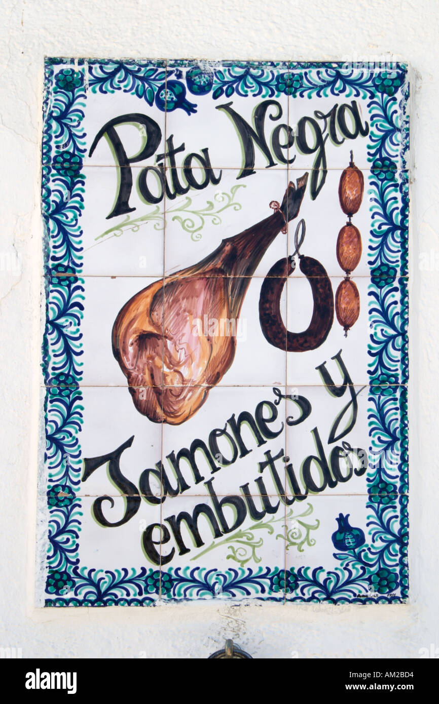 Tiled sign for Jamon Serrano, Trevelez, Las Alpujarras, Andalucia, Spain Stock Photo