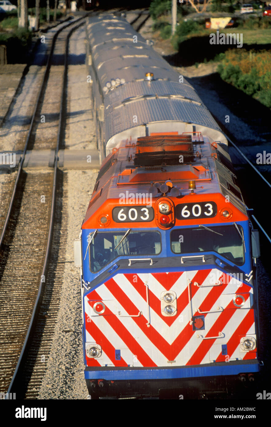 A commuter train in the West Loop area enters downtown Chicago Stock Photo