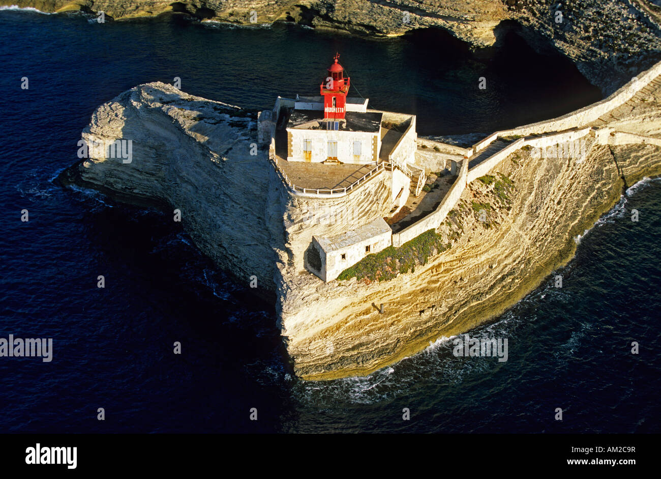 France, Corse du Sud, Bonifacio, Madonetta lighthouse (aerial view) Stock Photo