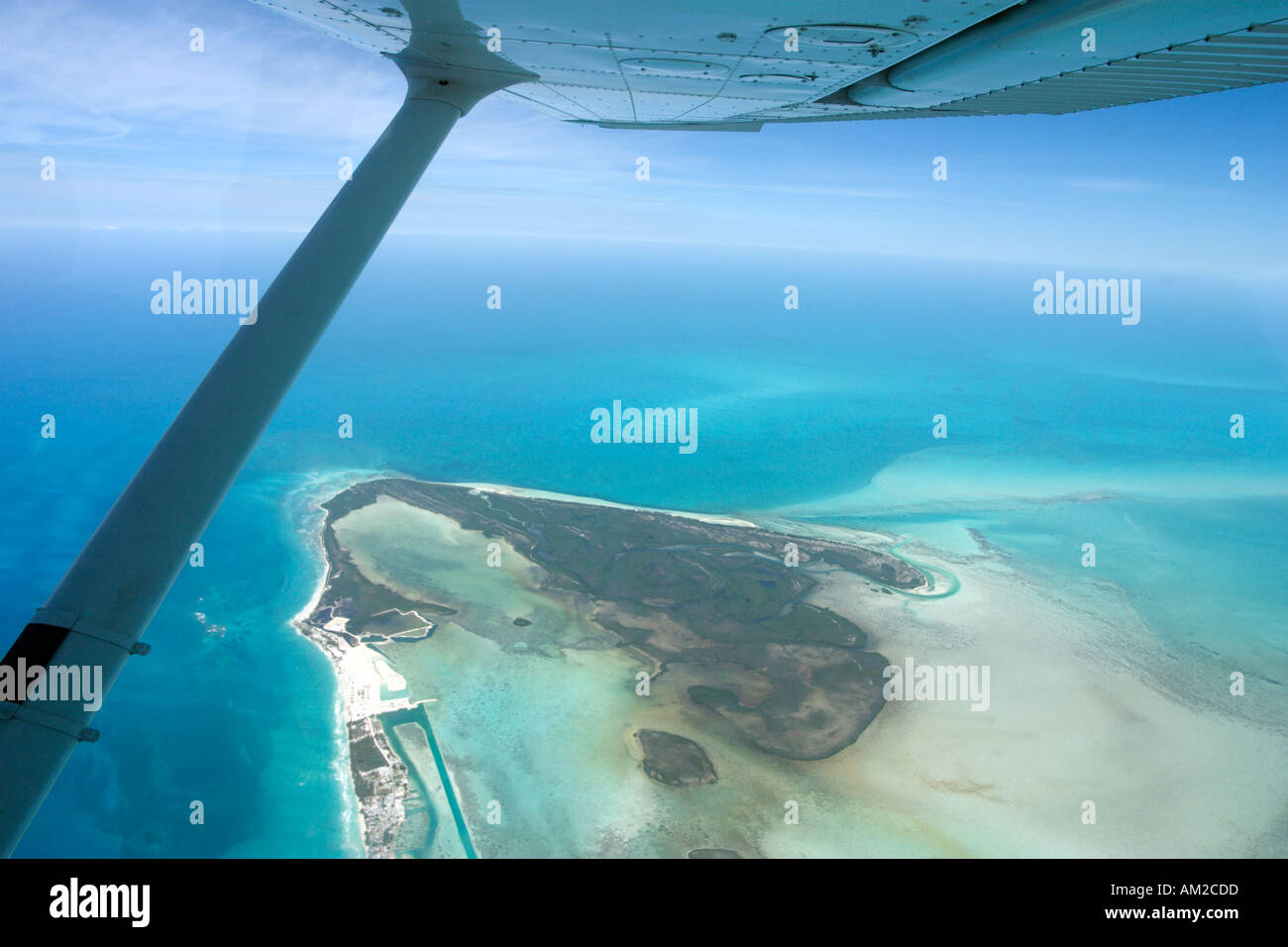 Aerial shot of South Bimini, Bimini Islands, from a private plane, Bahamas, Caribbean Stock Photo