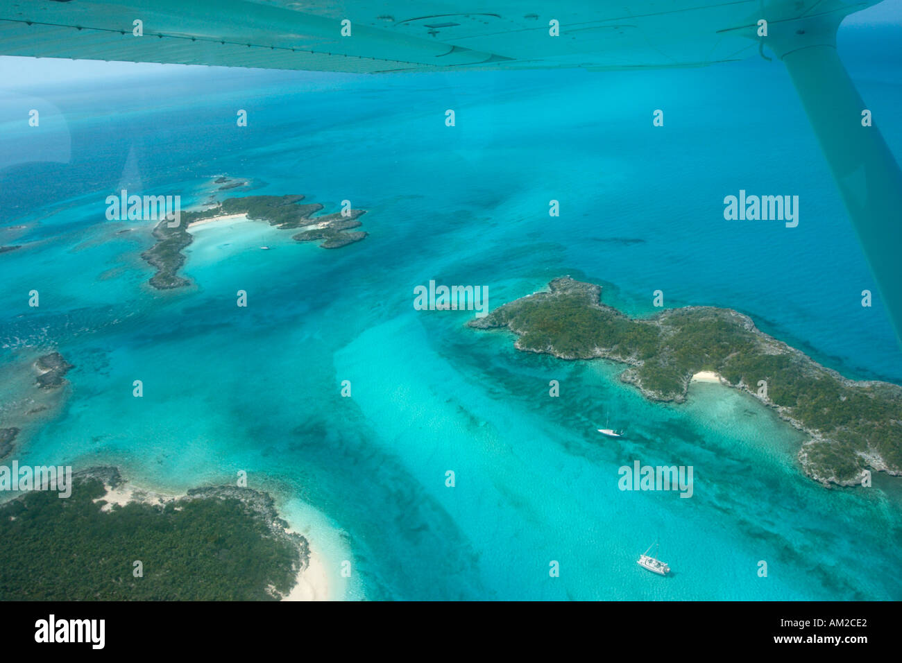 Aerial shot of the Northern Exumas from a private plane, Bahamas, Caribbean Stock Photo