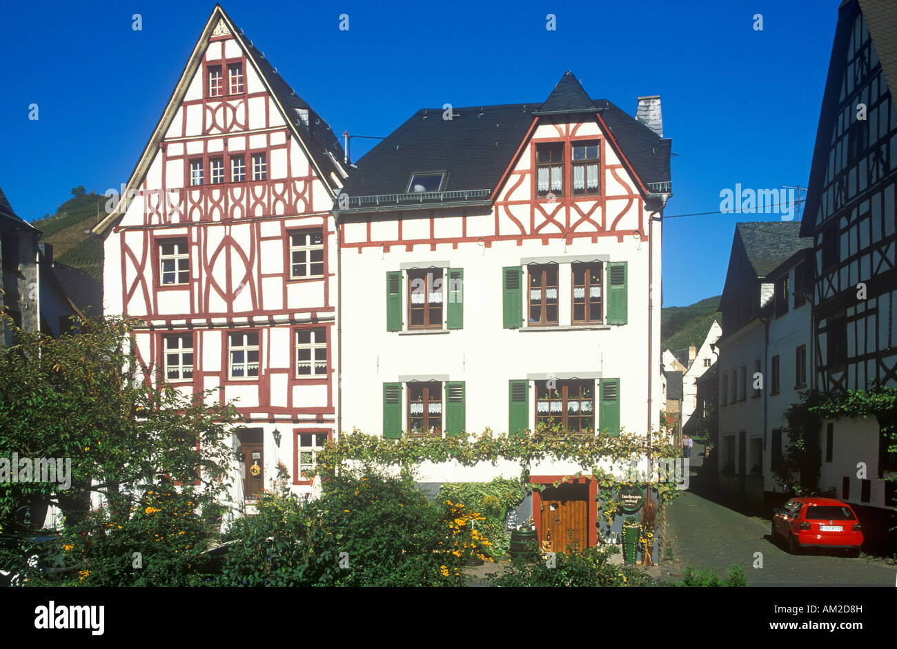 half-timbered houses at Moselkrampen in the River Moselle Valley in Germany Stock Photo