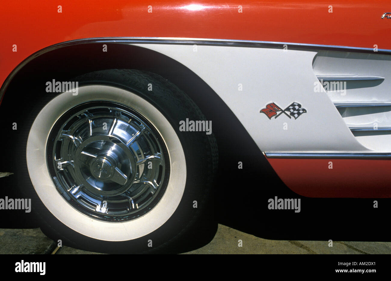 A side wheel and panel of a blue 1957 Corvette in Los Angeles CA Stock Photo