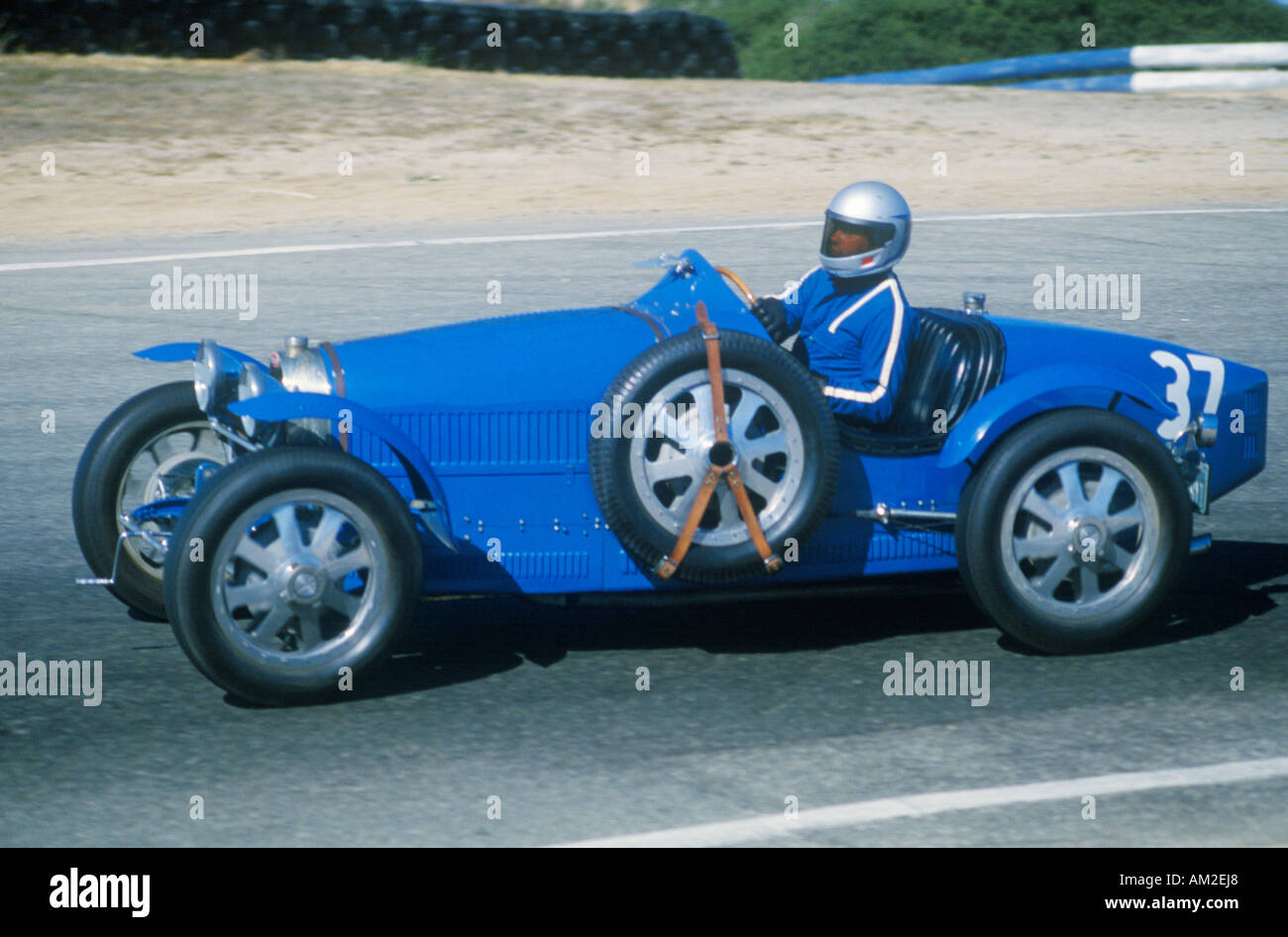 Racing a classic Bugatti sports car at the Laguna Seca Classic Car Race in Carmel CA Stock Photo