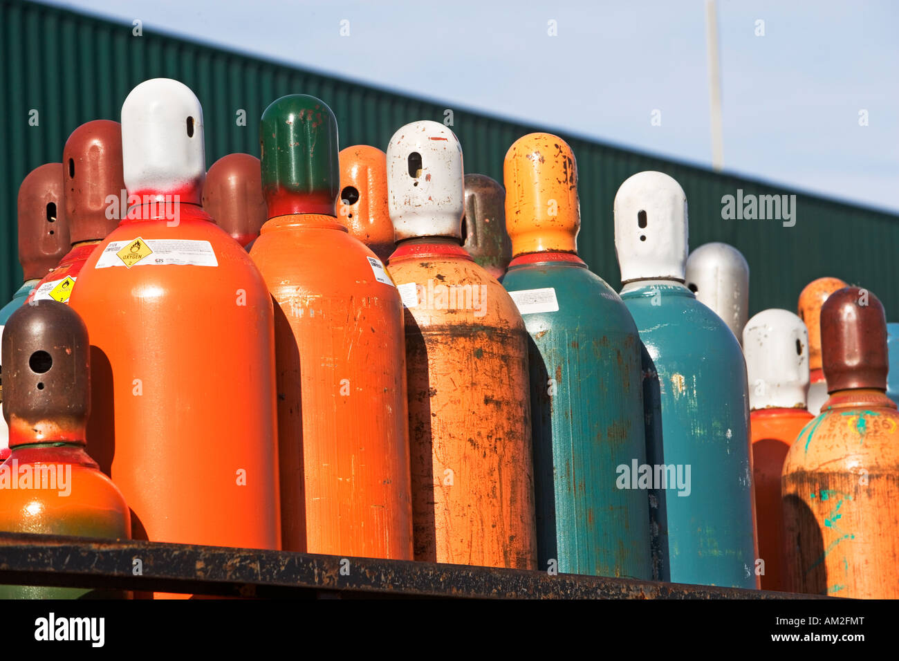 ACETYLENE TANKS, OXYGEN TANKS, FUEL, DANGER, EXPLOSIVE, WELDING, IN A ...