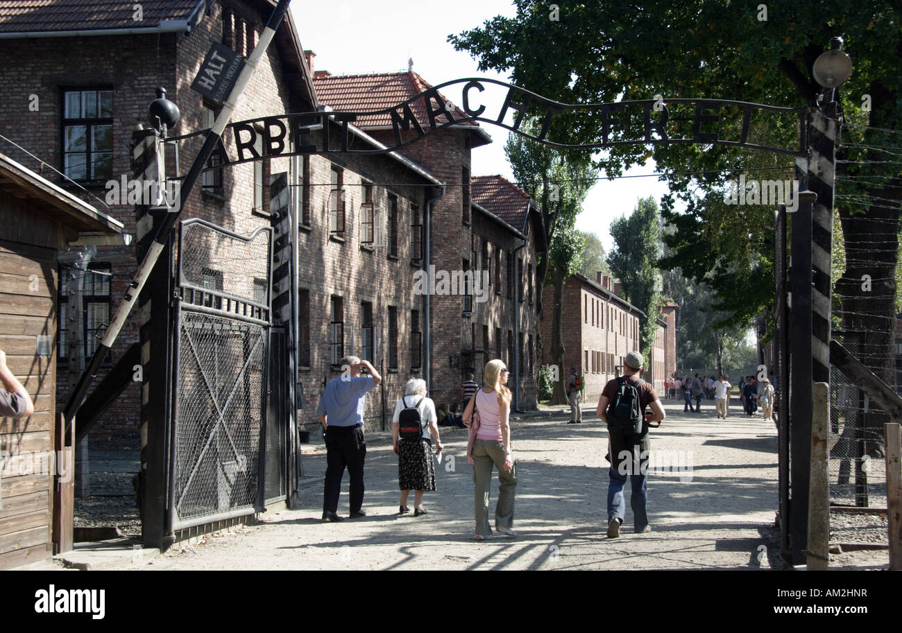 The notorious gates at Auschwitz, Oswiecim, bearing the inscription 'Arbeit Macht Frei' (Work Makes You Free), Poland. Stock Photo