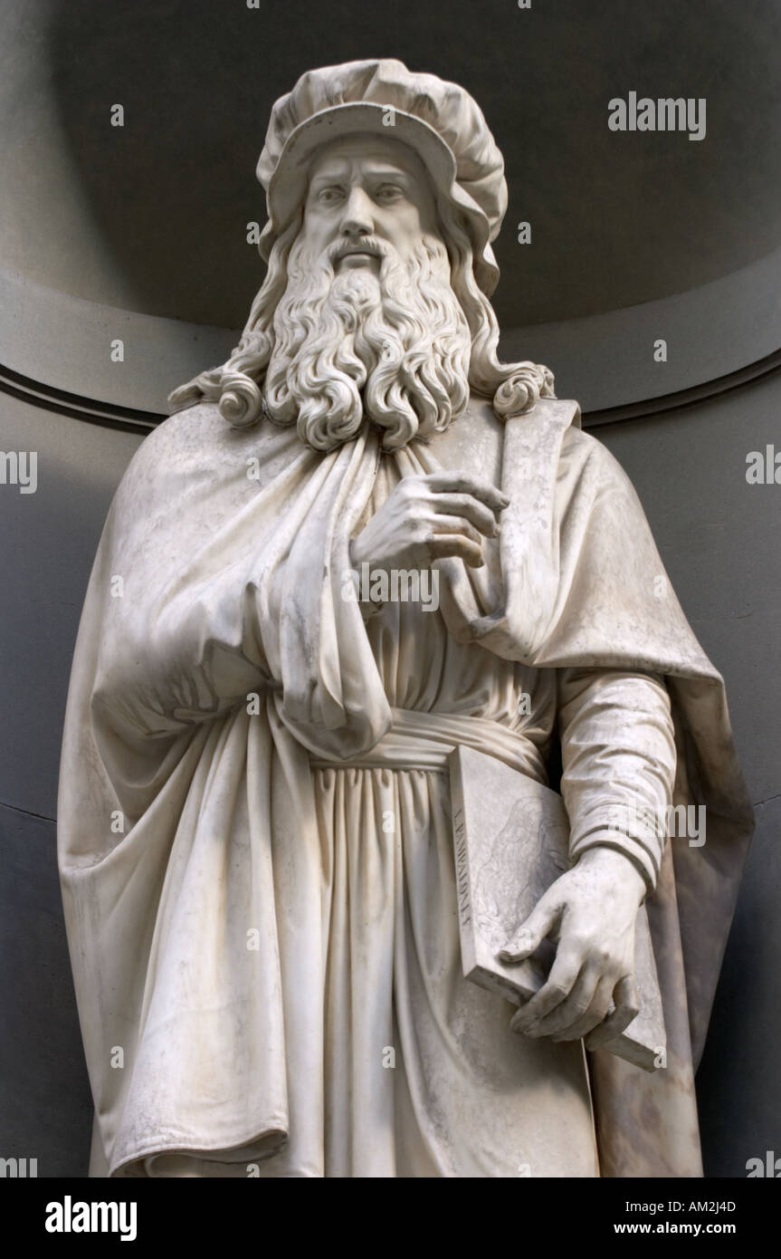 Statue of Leonardo da Vinci at the Uffizi Gallery in Florence Italy