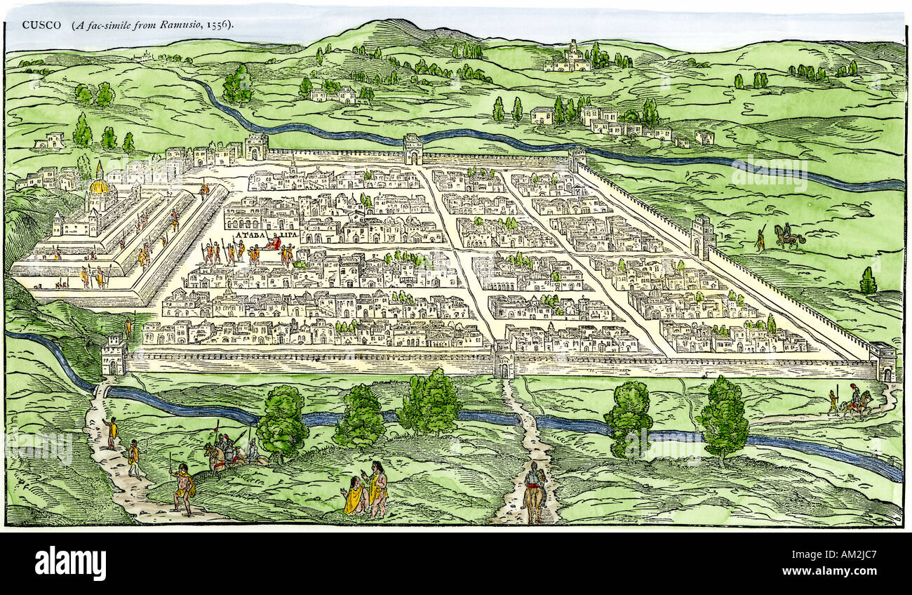 Inca city of Cusco Peru in 1556 after the Spanish conquest. Hand-colored woodcut Stock Photo
