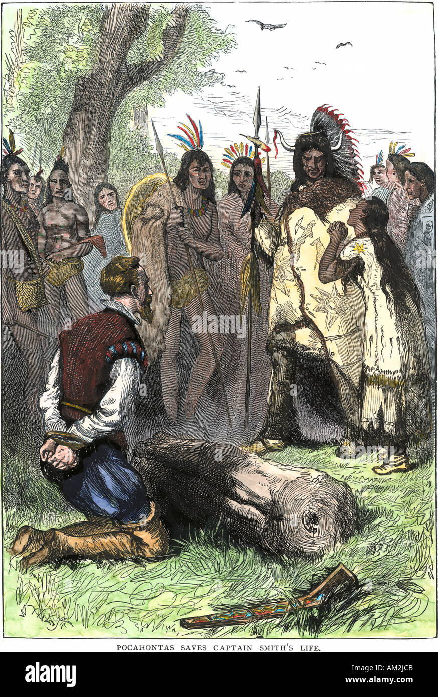 Pocahontas appeals to Powhatan to spare John Smith in Virginia Colony 1600s. Hand-colored woodcut Stock Photo