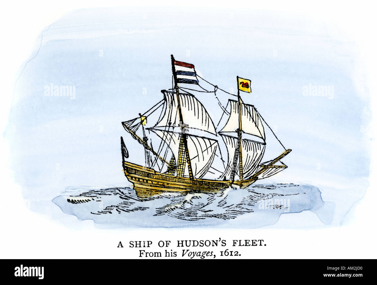 Ship of a Henry Hudson expedition in the early 1600s. Hand-colored woodcut Stock Photo
