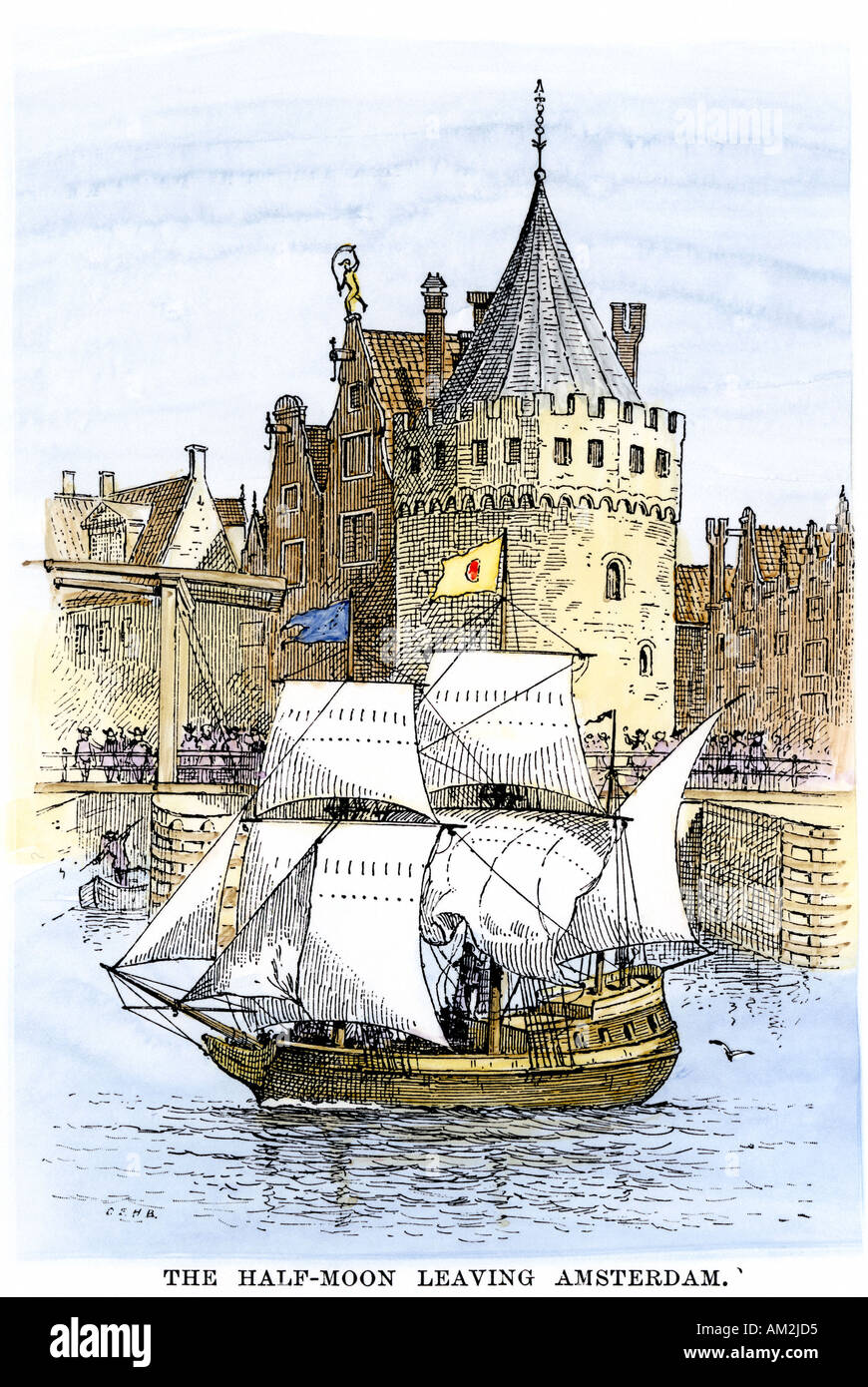 Henry Hudson ship Half Moon leaving for the New World 1609. Hand-colored woodcut Stock Photo