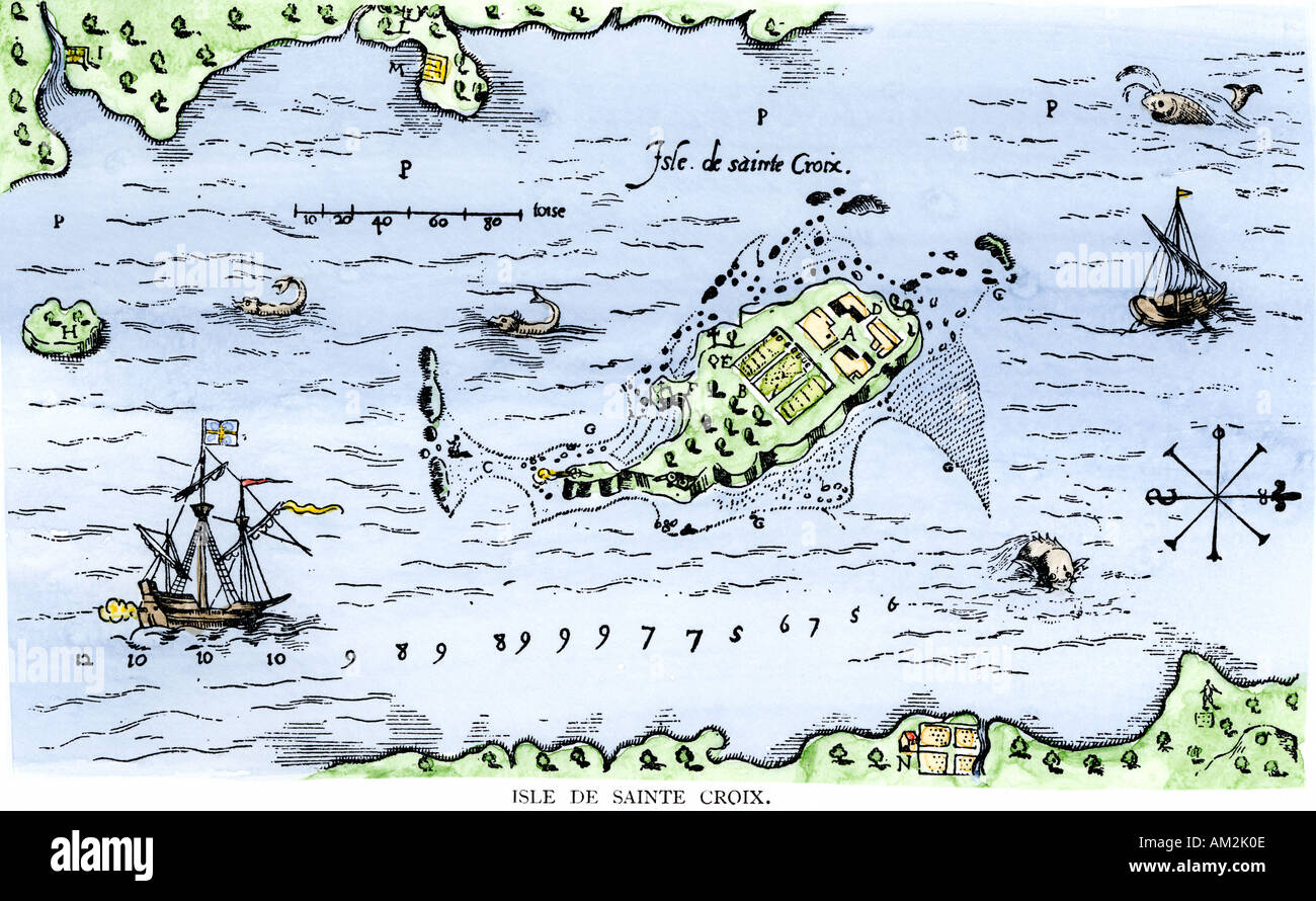 Map of Champlains settlement on Isle de Sainte Croix Canada 1613. Hand-colored woodcut Stock Photo