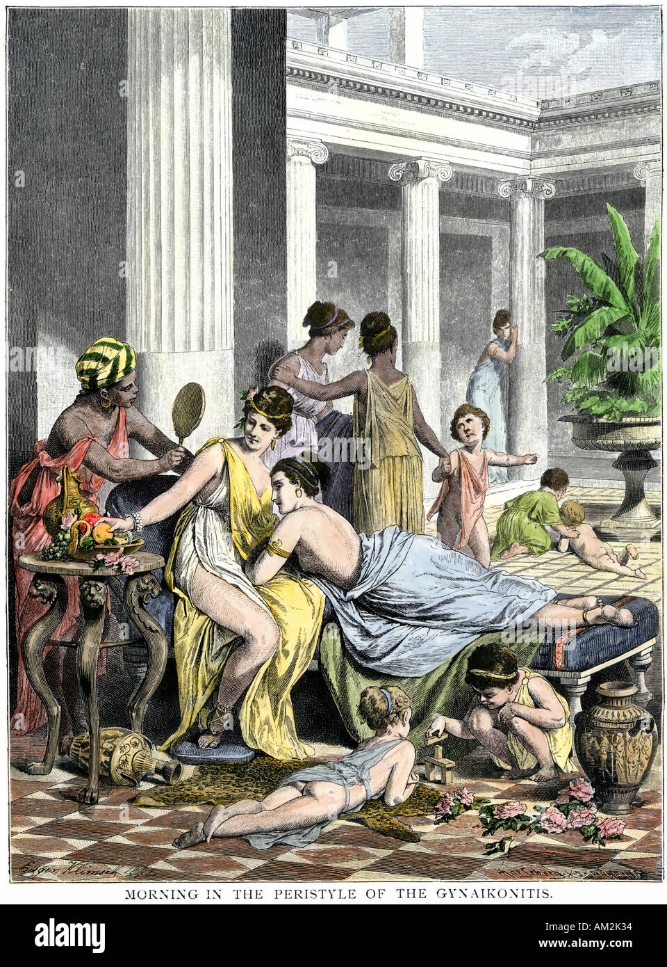 Athens family activities in the peristyle of their home ancient Greece. Hand-colored woodcut Stock Photo