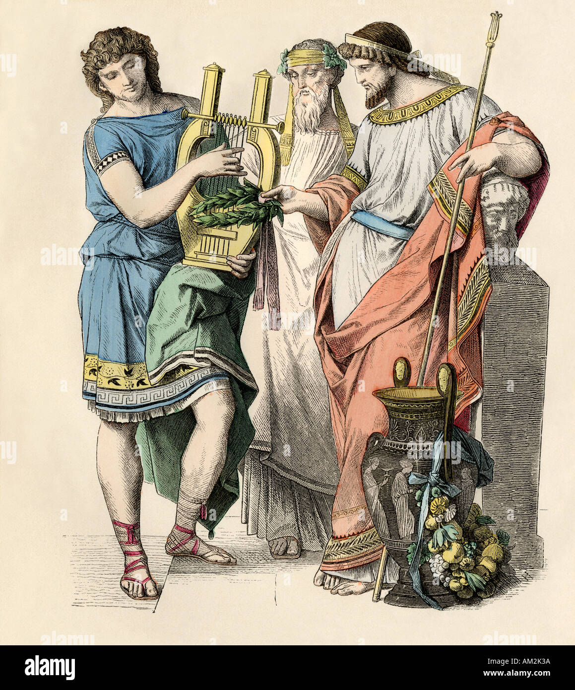 Greek man playing the lyre, a priest of Dionysus or Bacchus, and Greek king holding a laurel wreath. Hand-colored print Stock Photo