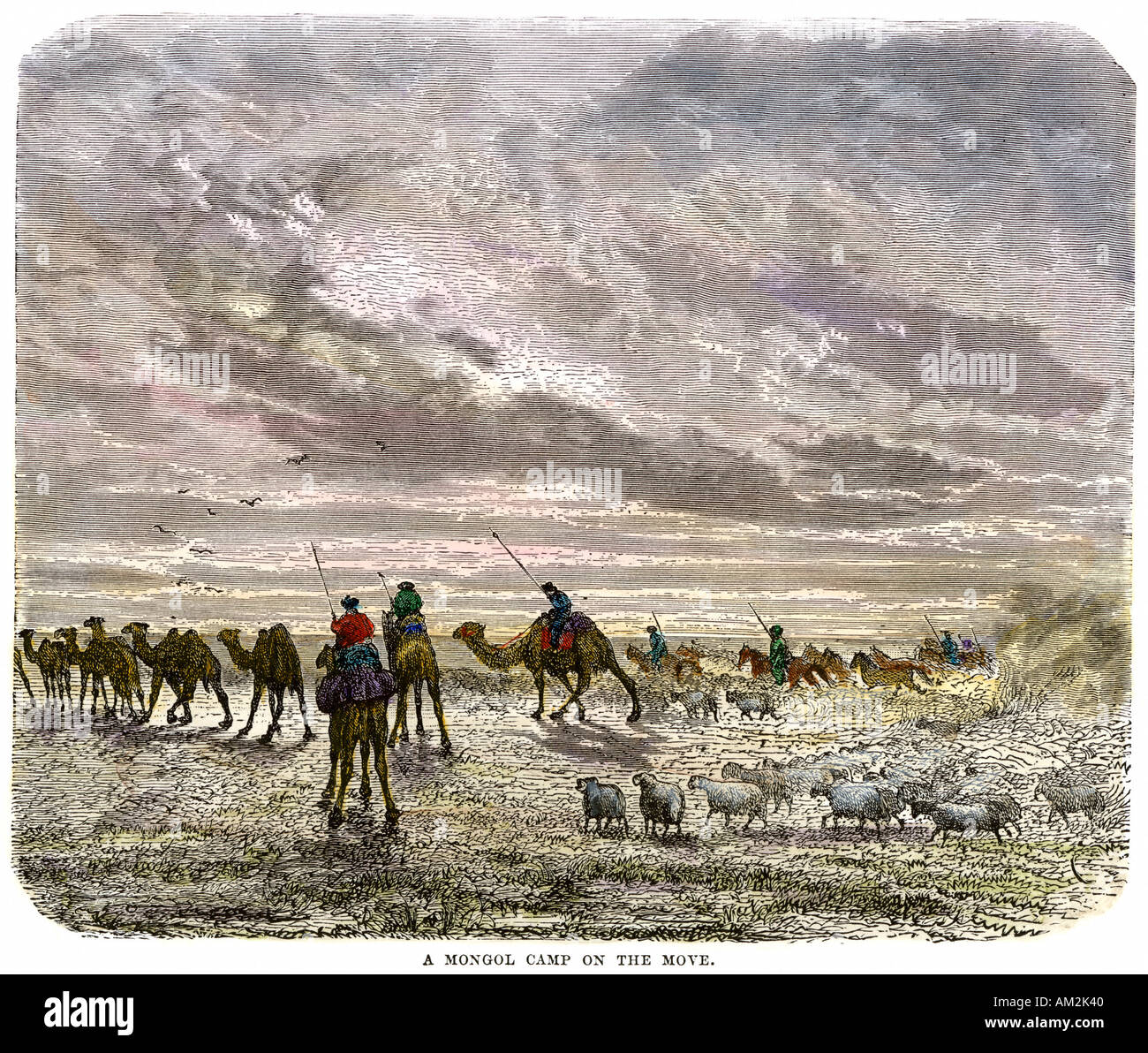 Mongol camp on the move in the Gobi Desert. Hand-colored woodcut Stock Photo