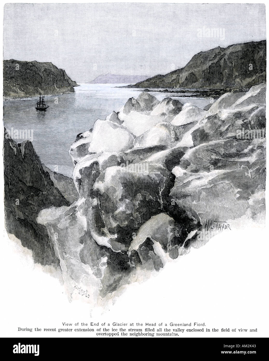 Sailing ship in a Greenland fjord below the end of a glacier 1800s. Hand-colored woodcut Stock Photo