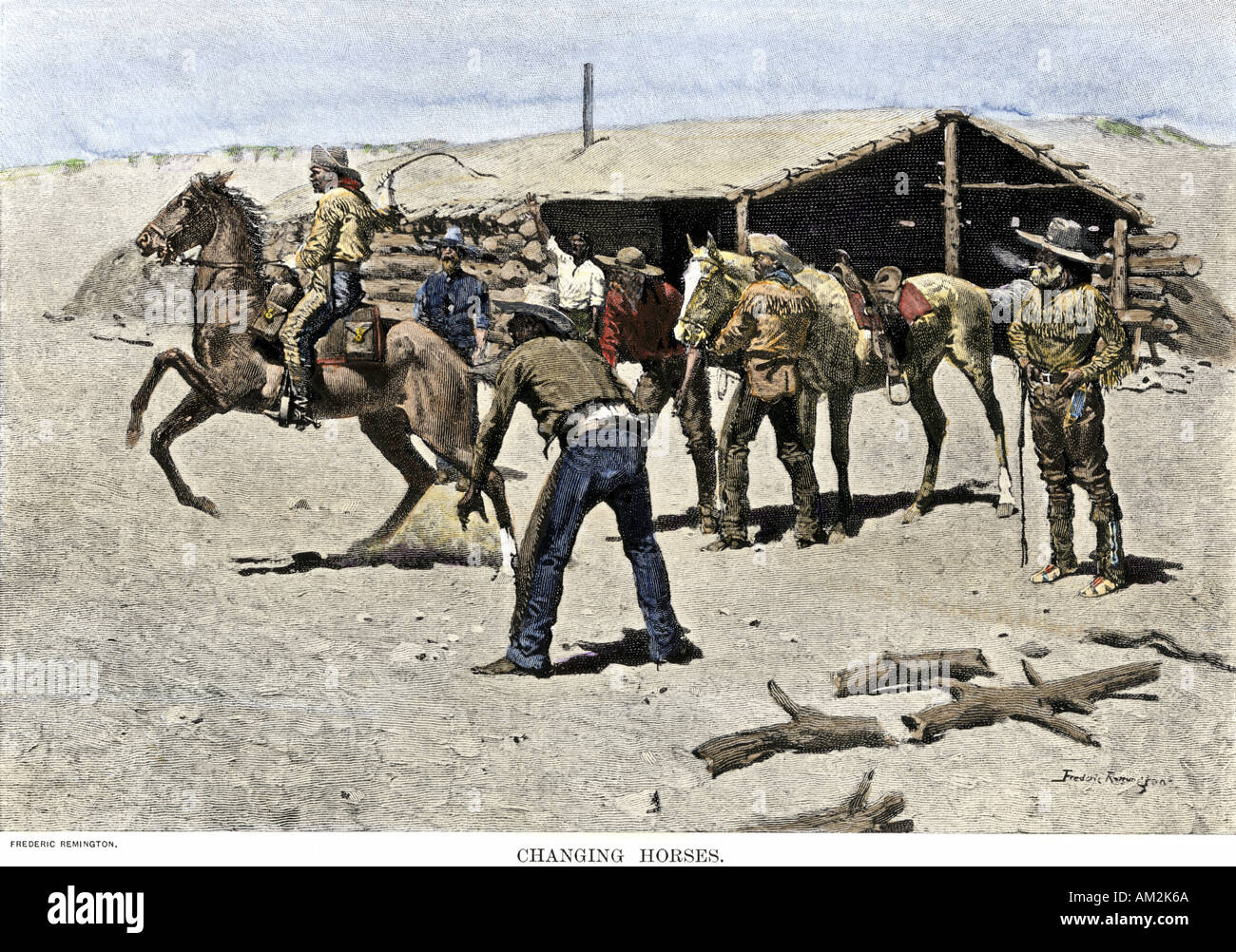 Pony Express rider changing horses. Hand-colored woodcut of a Frederic Remington illustration Stock Photo