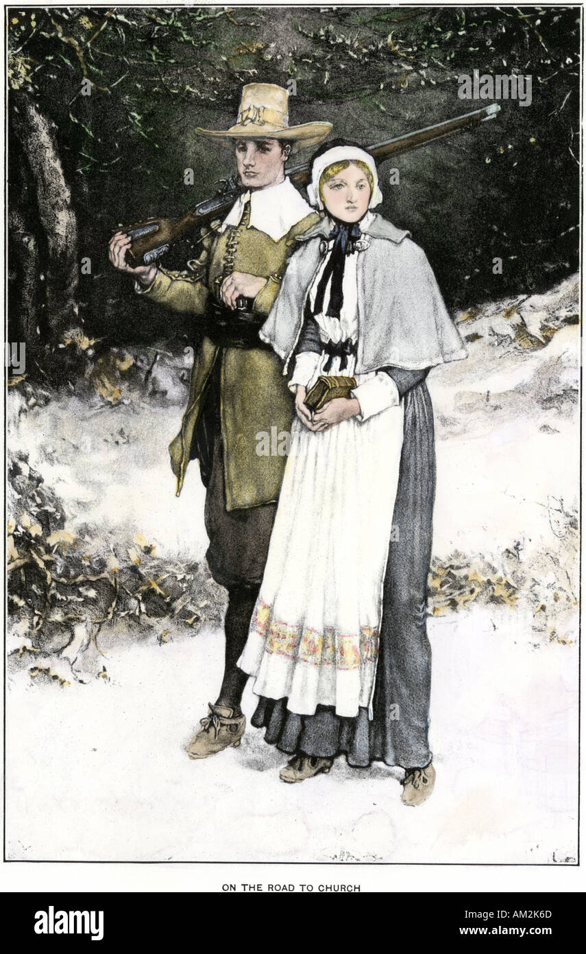 Pilgrim couple on the road to church Plymouth Colony Massachusetts 1620s. Hand-colored halftone of an illustration Stock Photo