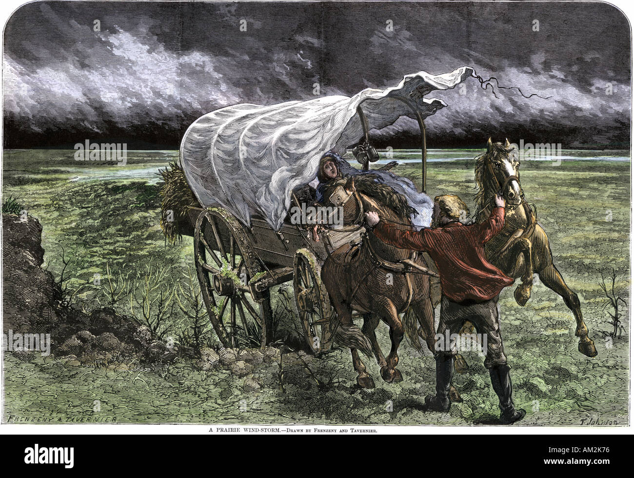 Family in a covered wagon during a prairie windstorm 1800s. Hand-colored woodcut Stock Photo
