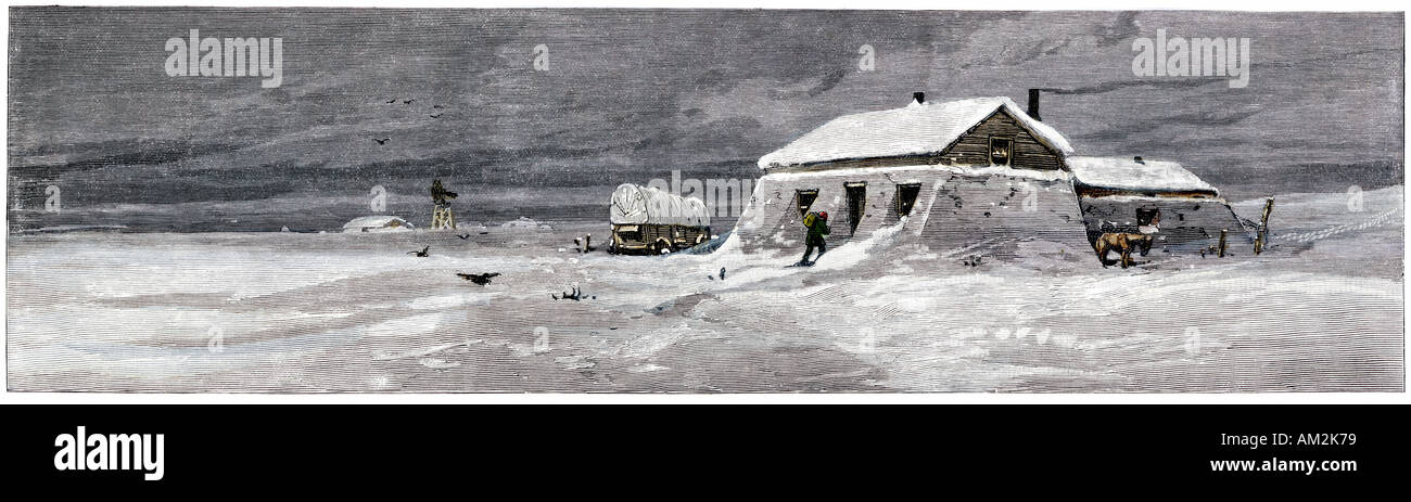 Sod house and outbuildings in snowstorm on the western prairie 1800s. Hand-colored woodcut Stock Photo