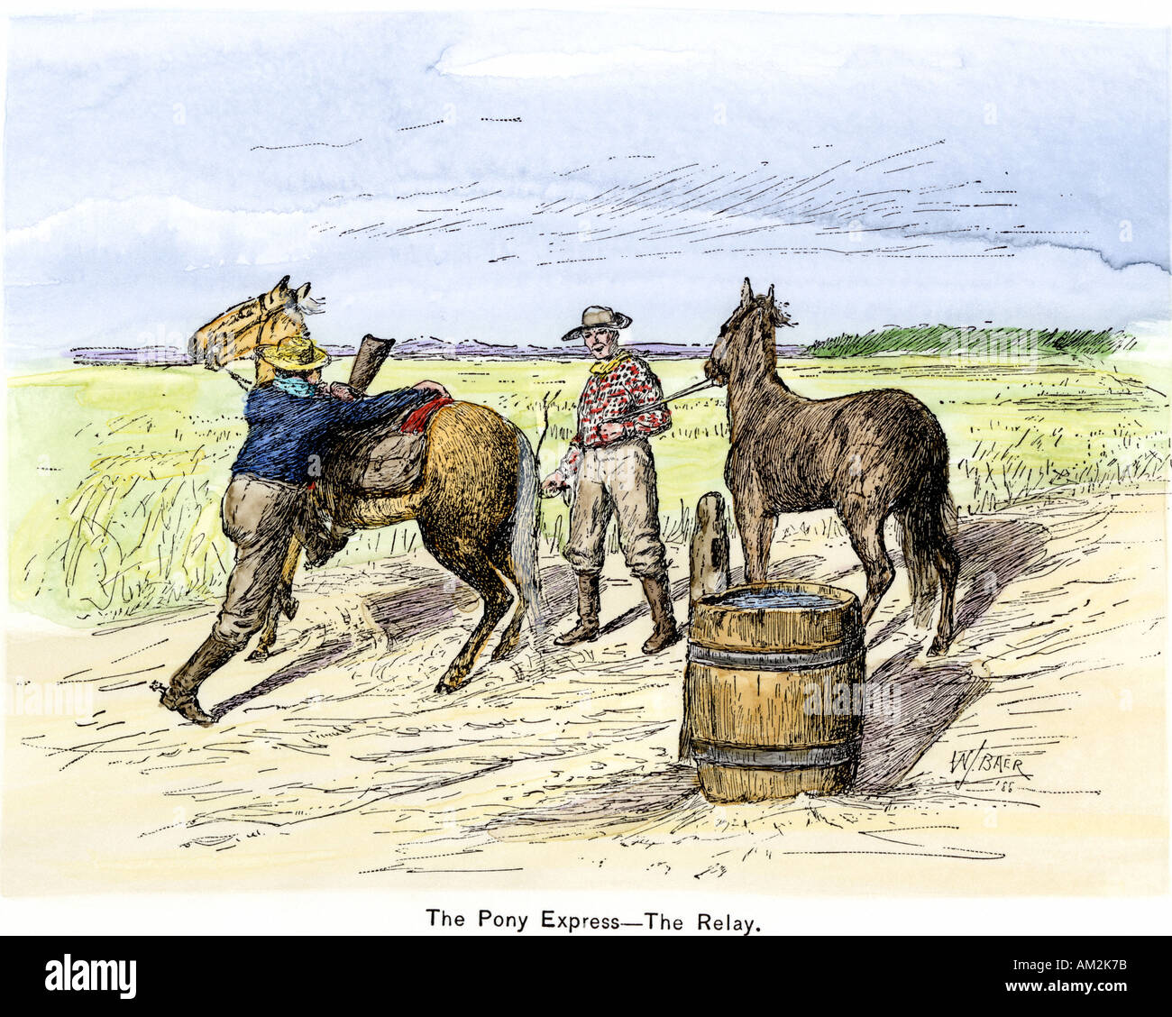 Pony Express rider changing horses at a relay station on the plains. Hand-colored woodcut Stock Photo