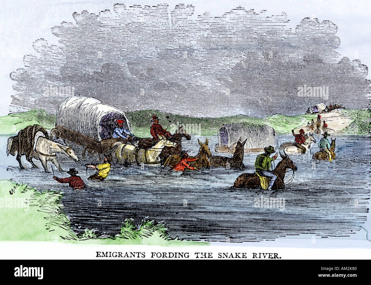 Pioneer covered wagon fording the Snake River on the Oregon Trail 1800s. Hand-colored woodcut Stock Photo